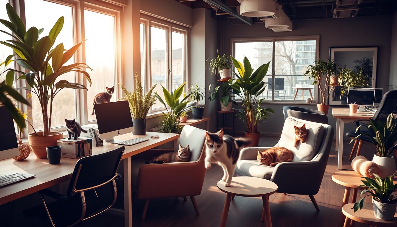 kočky v coworkingových kancelářích