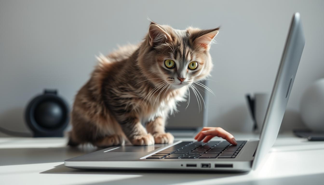 kočka si sedá na notebook