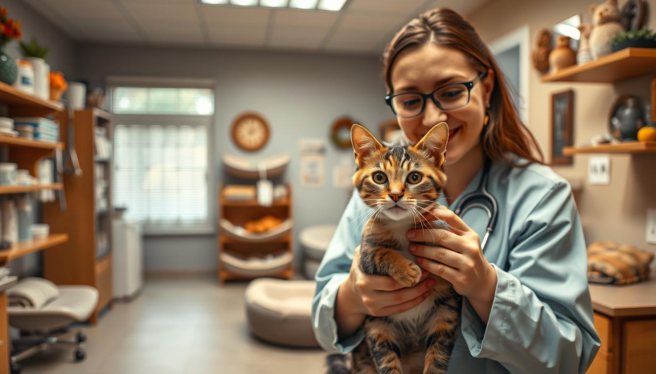 veterinář a kočka na podzim
