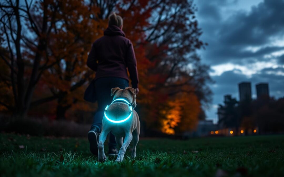 Oživ podzimní večerní procházky psa svítícím obojkem