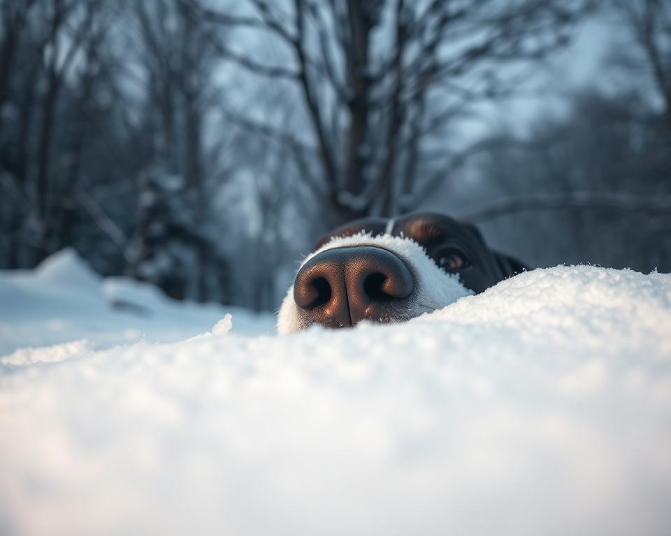 čichání psa pod sněhem v zimě