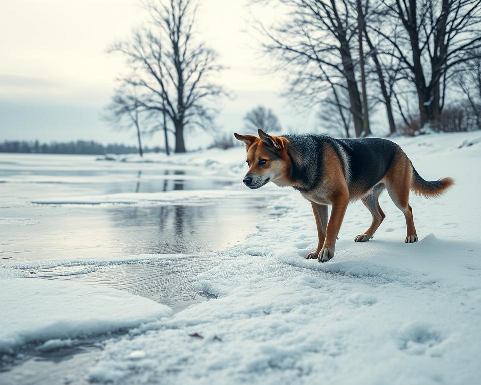vyhybani-se-ledove-vode-pes-zima vyhýbání se ledové vodě pes zima