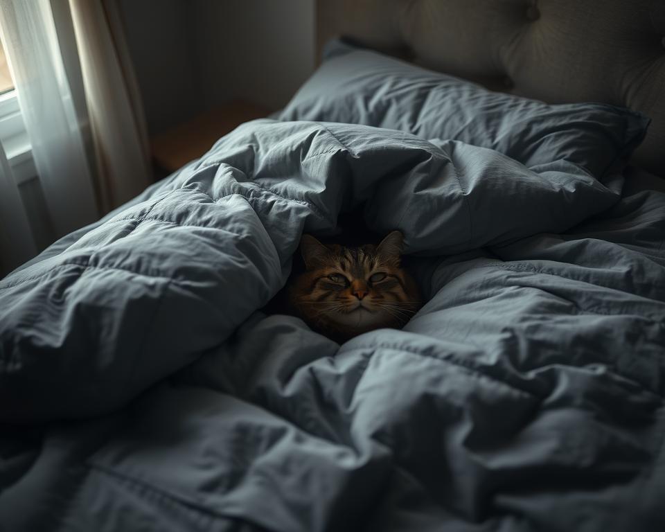 Kočka se schovává pod dekou v zimě