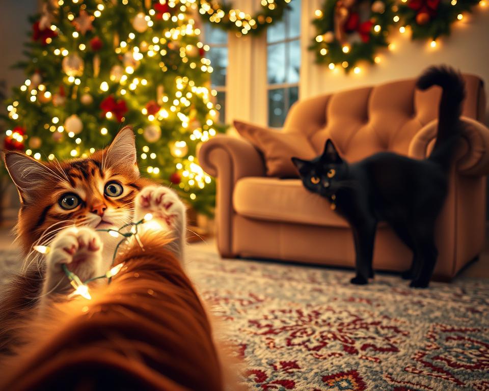Vánoční světla a kočka v zimě