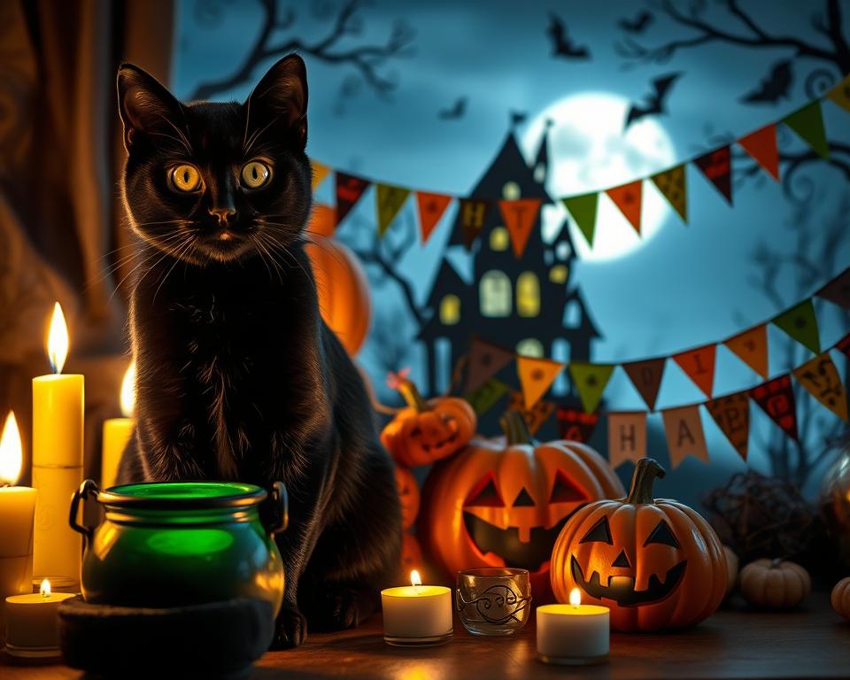 halloweenské dekorace a kočka