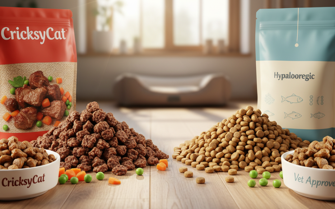 Jehněčí krmivo CricksyCat vs veterinární hypoalergenní krmivo