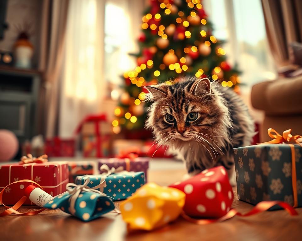 rozbalování dárků a kočka