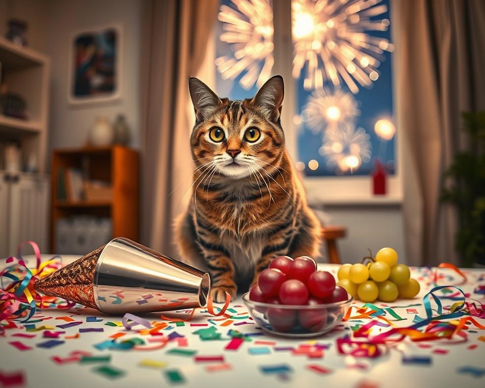 silvestrovský ohňostroj a kočka