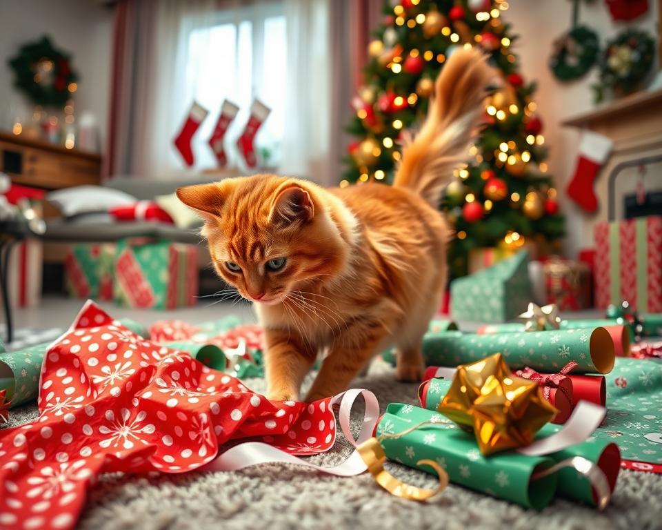 vánoční balicí papír a kočka