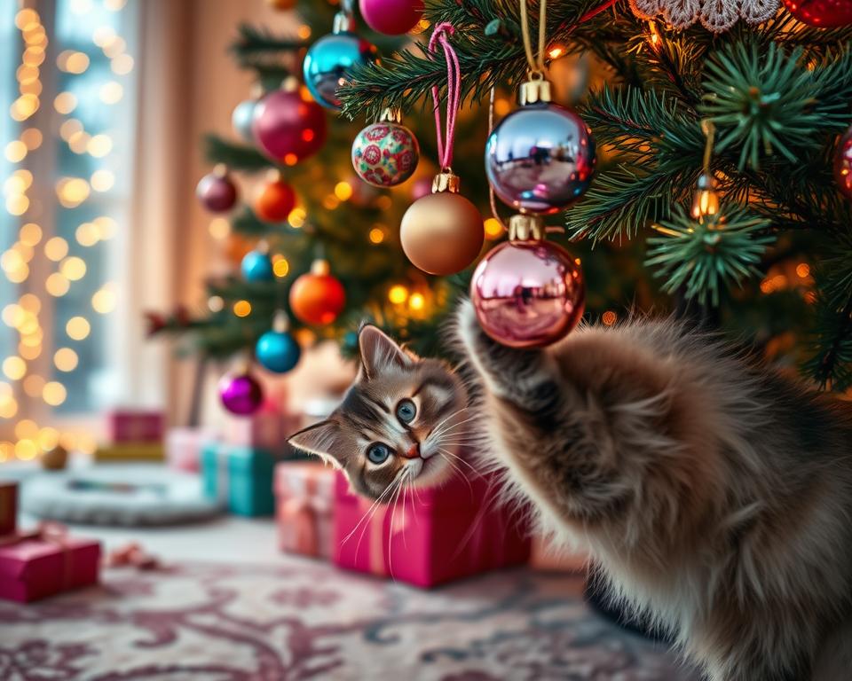 vánoční zdobení a kočka