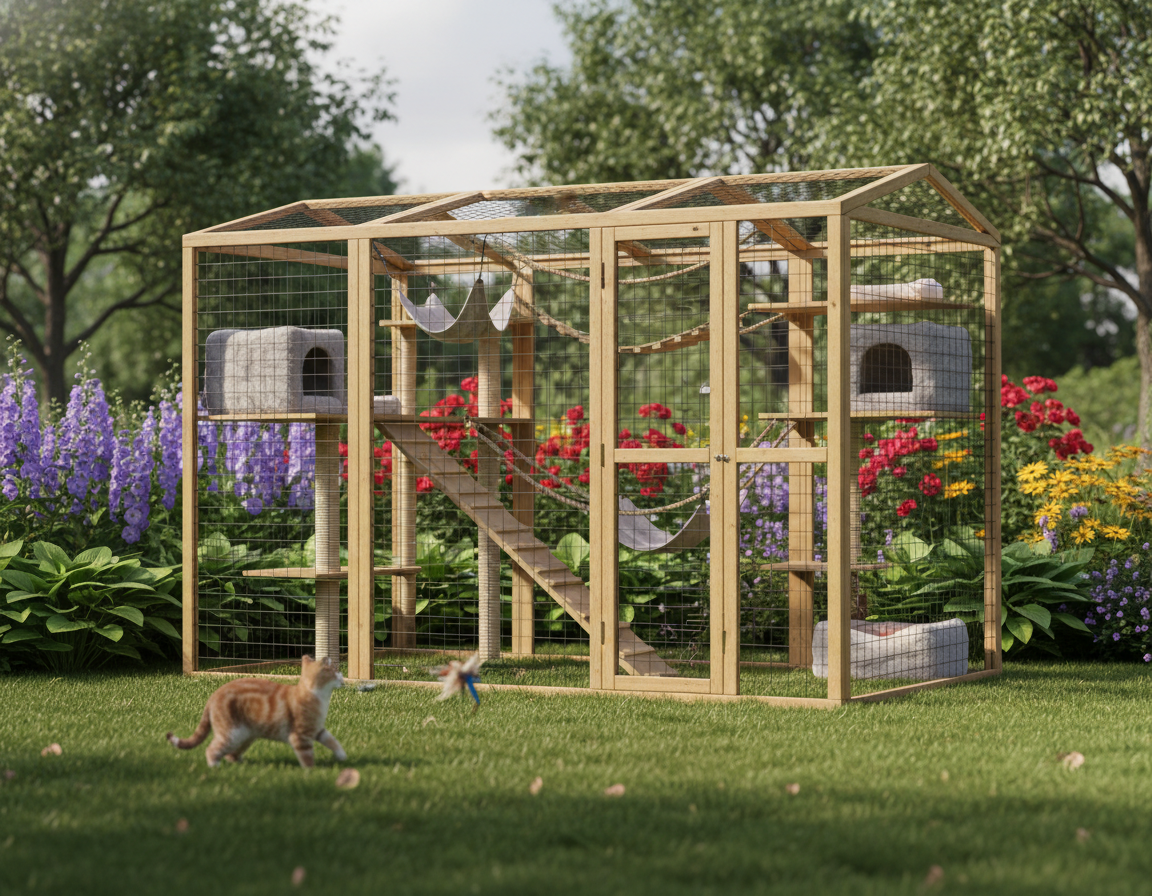 stavba venkovního výběhu pro kočku